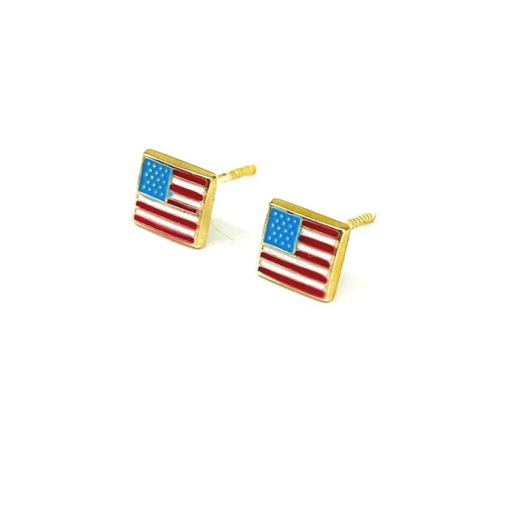 USA American Flag Stud Earrings Screw Back in 14K Gold for Womens Baby Girls 5mm