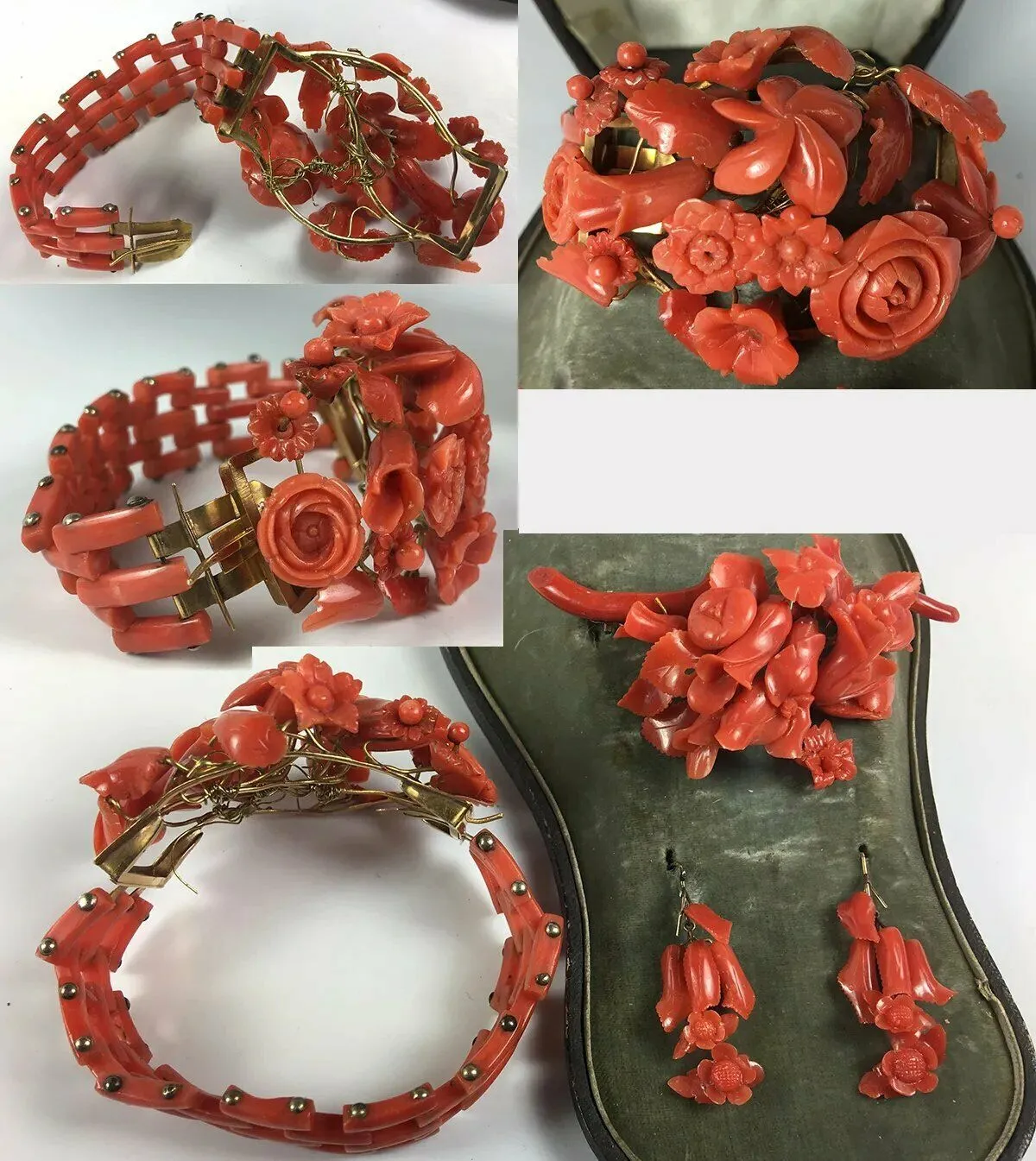 V RARE! Antique Victorian Red Coral Parure, in Box, 18k gold, Bracelet, Brooch  